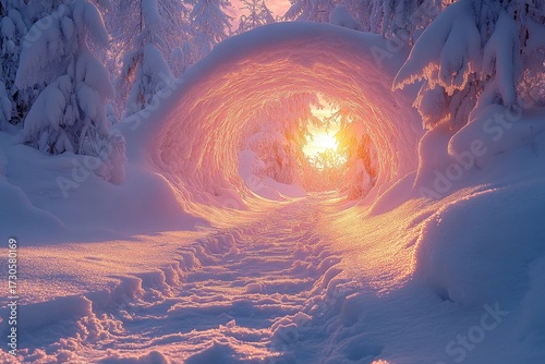 Sun shining through snow tunnel.