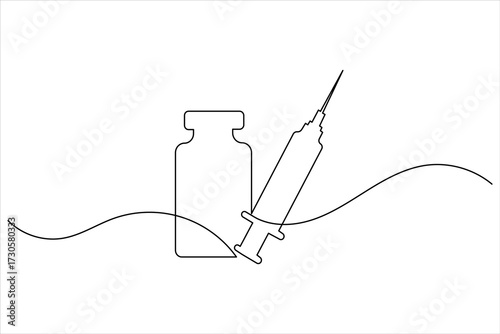 Syringe and medicine bottle continuous one line art vector illustration