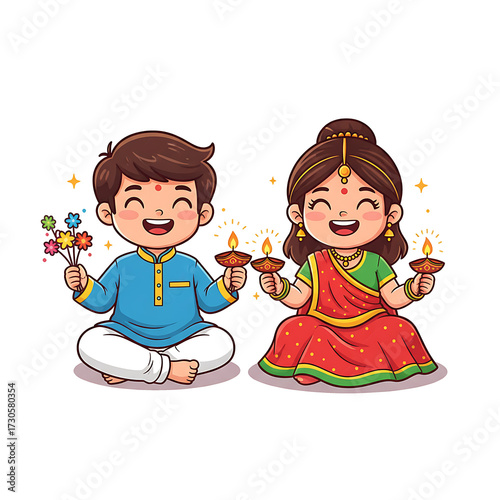Happy children celebrating diwali festival with diyas isolated on transparent background isolated on white background