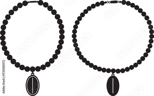 Two black beaded necklaces with oval pendants silhouette