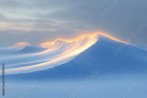 Snow-covered mountain with bright light at the top.