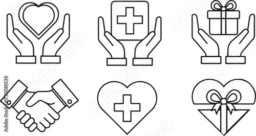 Line Art Icons Hands Heart Medical Gift Handshake Cross holding