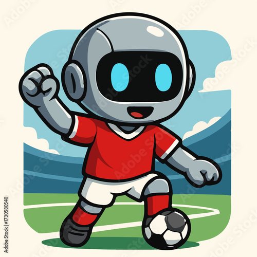 Robot Soccer Mascot on Field with Ball — Smiling Tech Player