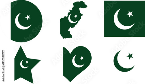 Pakistan flag map, button, star, round PNG vector illustration
