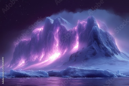 Icebergs in foreground of snowy mountain.
