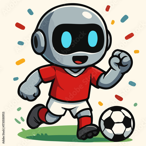 Cute Robot Soccer Runner — Red Jersey Dribble with Ball