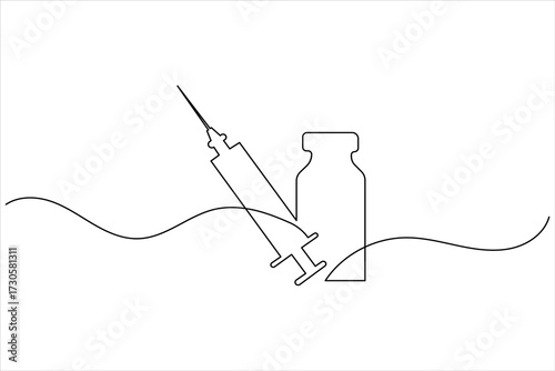 Syringe and medicine bottle continuous one line art vector illustration