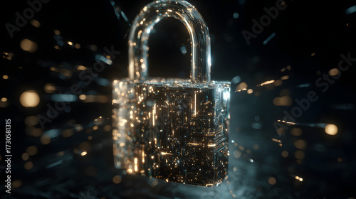 Cybersecurity digital lock data protection encryption quantum circuit glowing metal secure network futuristic cyber defense technology