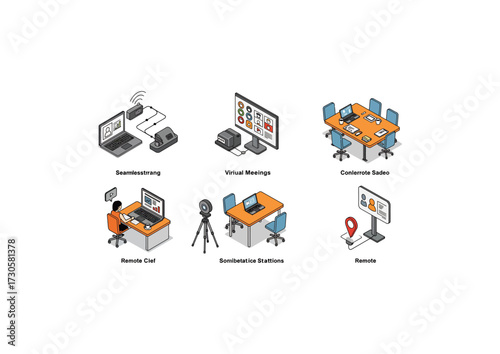 Hybrid Work Icons. The set includes detailed illustrations of laptops, webcams on tripods, meeting rooms displaying team collaborationHybrid Work Icons. The set includes detailed illustrations of lapt