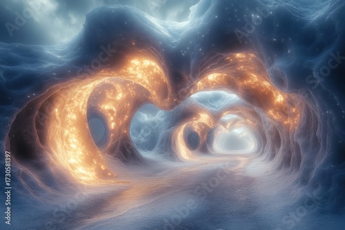 A heart-shaped tunnel in a snowy landscape.