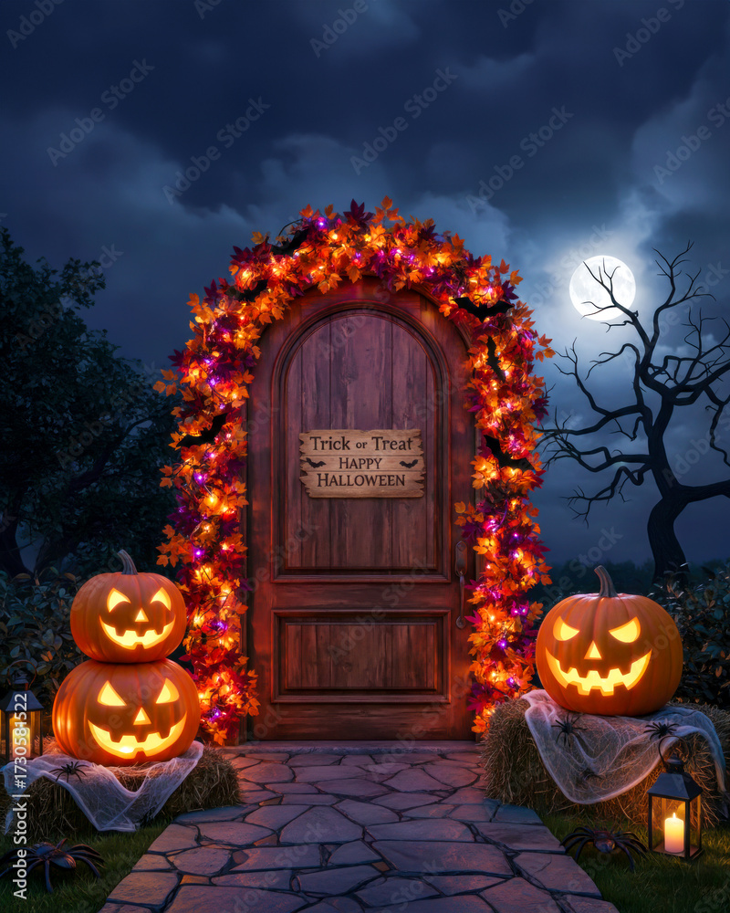 Obraz premium Spooky Halloween Door Decor With Glowing Pumpkins, Autumn Garland, And Full Moon In Background. Concept Of Trick-Or-Treat Tradition, Halloween Seasonal Home Styling, And Festive Nighttime Ambiance