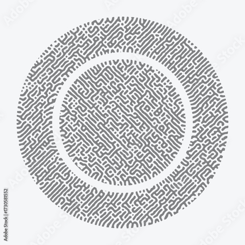 Round seamless Turing diffusion pattern background in black and white with chaotic linear motion. Features abstract biological shapes and organic textures. Perfect for trendy wallpapers and backdrops