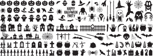 Big Set of halloween silhouettes black icon and character. Vector illustration. Isolated on transparent background.