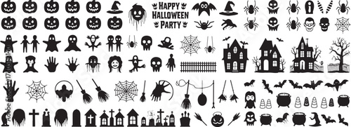 Big Set of halloween silhouettes black icon and character. Vector illustration. Isolated on transparent background.