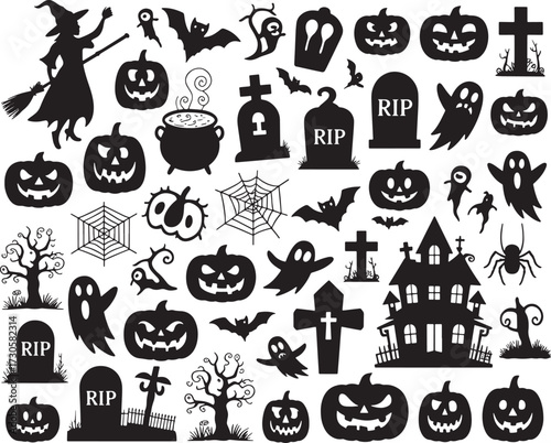 Big Set of halloween silhouettes black icon and character. Vector illustration. Isolated on transparent background.