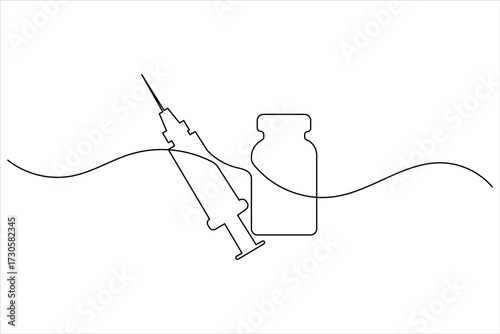 Syringe and medicine bottle continuous one line art vector illustration