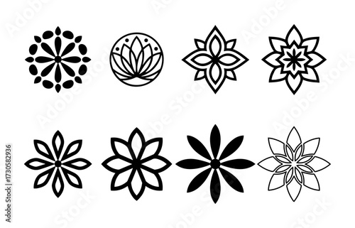 Geometric Flower and Lotus Icon Set | Black and White Vector