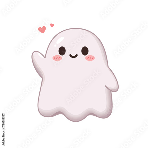 cartoon ghost with round soft body, blush cheeks, waving hand, pastel details,