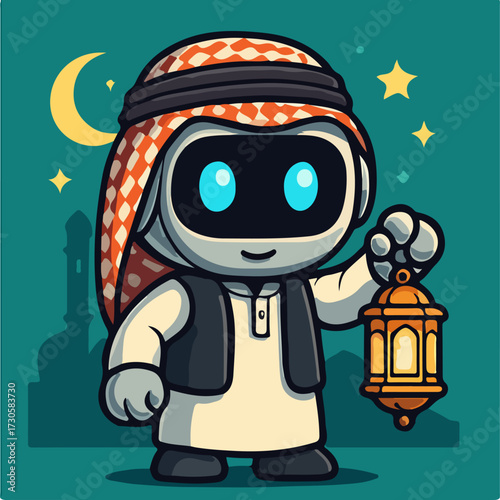 Arab Keffiyeh Robot with Lantern — Crescent Moon Night, Eid Mubarak