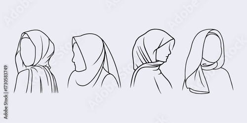 different styles of muslim women hijab line art design illutsration