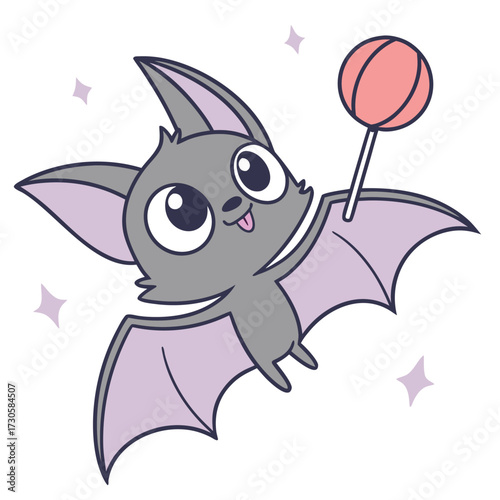 Adorable cartoon bat flying happily with a lollipop, perfect for Halloween greetings, children's illustrations, or cute seasonal designs