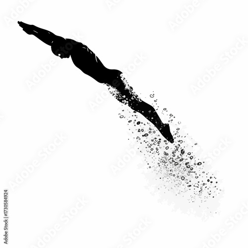 Dynamic silhouette of a swimmer diving, with an abstract trail of water bubbles and particles. Concept for swimming, sports, and competition. Isolated vector illustration.