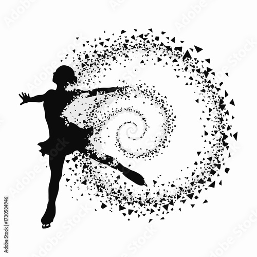 Graceful figure skater silhouette spinning and dissolving into a dynamic spiral of abstract particles. Concept for winter sports and artistic performance.