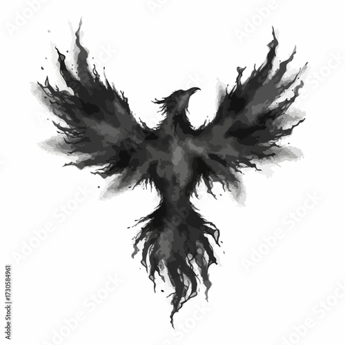 Majestic black phoenix rising from smoke and ash. Dark fantasy ink wash illustration symbolizing rebirth and power. Isolated vector graphic.