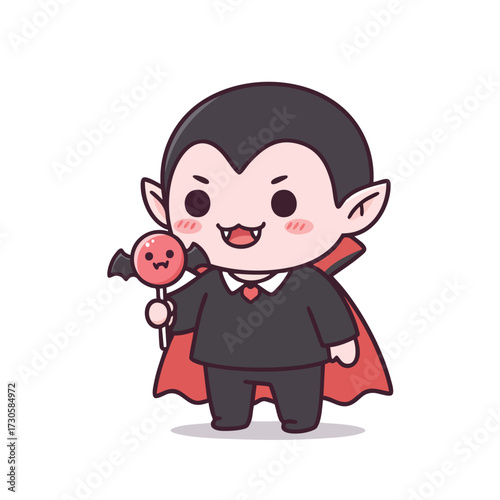 vampire with rosy cheeks, holding a lollipop shaped like a bat, small sharp teeth, 