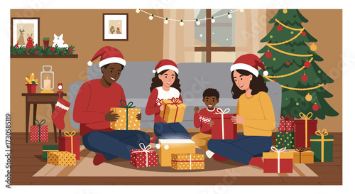 This flat design illustration depicts a joyful multiracial family celebrating Christmas by opening presents together in a cozy living room. It captures the warmth and excitement of the holiday season 