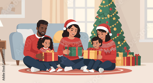 This flat design illustration depicts a joyful multiracial family celebrating Christmas by opening presents together in a cozy living room. It captures the warmth and excitement of the holiday season 