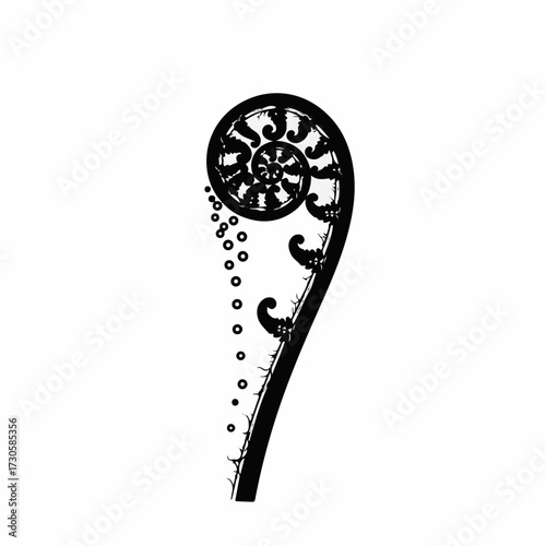 Stylized Koru fern frond silhouette, a Maori symbol for new life, growth, and peace. Isolated vector graphic representing New Zealand and nature.