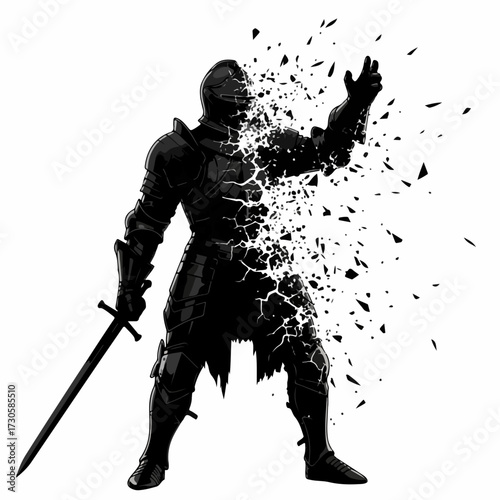 Dramatic illustration of a medieval knight in full armor with a sword, shattering and disintegrating into particles. Fantasy concept of loss, memory, or magic. Isolated black and white graphic.