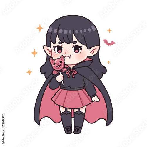 chibi-style girl vampire, wearing a small skirt and cape too big for her, holding a bat-shaped lollipop