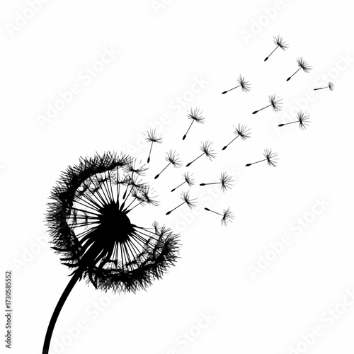 Black silhouette of a dandelion with seeds blowing away in the wind. Vector illustration symbolizing freedom, change, and new beginnings. Isolated on a white background.