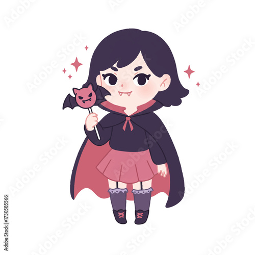 chibi-style girl vampire, wearing a small skirt and cape too big for her, holding a bat-shaped lollipop