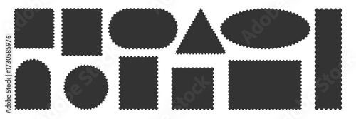 Black retro stamp silhouette collection. Postage label set isolated. Simple postal frame. triangle rectangle oval square circle sticker post template