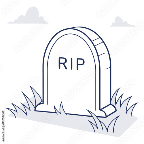 Simple hand-drawn RIP tombstone illustration with grass and clouds, perfect for conceptual use in themes of loss, remembrance, or Halloween.