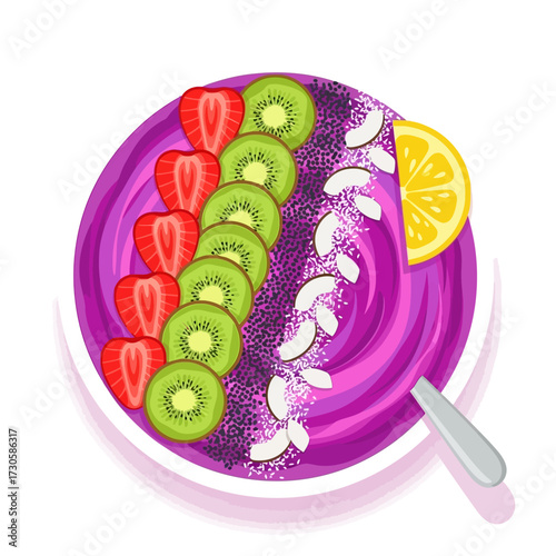 A vibrant purple smoothie bowl from above, garnished with fresh strawberries, kiwi slices, coconut flakes, and a lemon wedge.