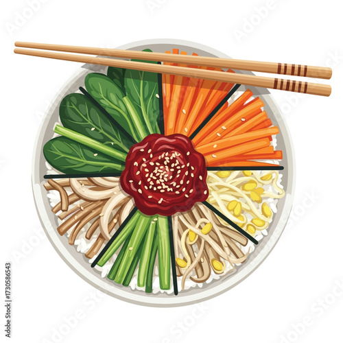 A vibrant and colorful illustration of a traditional Korean bibimbap dish, artfully arranged.