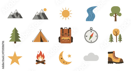 Camping and Outdoor Adventure Icons Set.