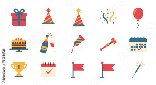 Celebration icons set party festive event birthday.