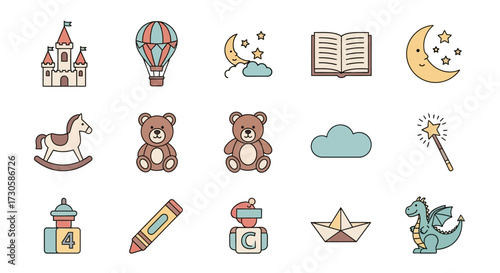Childrens playful icons set including toys animals and fairytale elements.