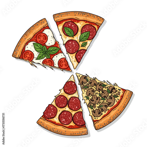 Illustration of four pizza slices with different toppings, including pepperoni, mushrooms, and mozzarella with tomatoes.