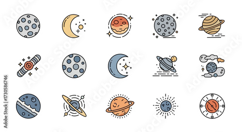 Celestial bodies icons set moon planets stars.