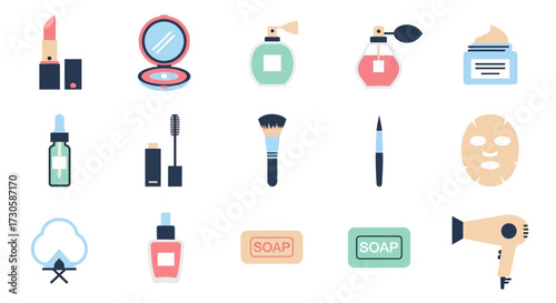 Collection of beauty and cosmetic products arranged in a grid.
