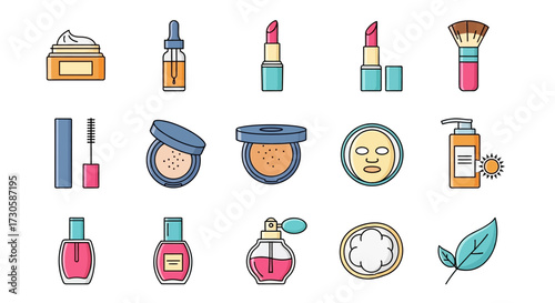 Collection of colorful cosmetic and beauty products arranged in a grid.