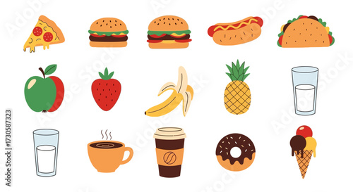 Collection of delicious fast food and fresh fruits and drinks.