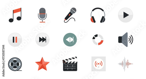 Collection of diverse media and audio player interface icons.