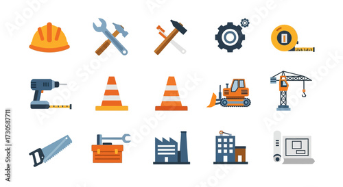Construction and building industry flat icon set collection.